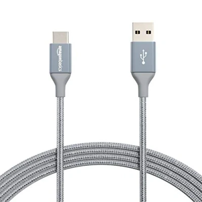 Image of Amazon Basics USB C to A 2.0 Fast Charger Cable, Nylon Braided Cord, 480Mbps Speed, IF Certified, for Apple iPhone 15, iPad, Samsung Galaxy, Tablets, Laptops, 3 m, Dark Gray