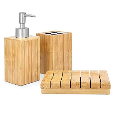 Image of Navaris Bamboo Bathroom Accessories Set 3 Piece Bath with Toothbrush Holder, Soap Dispenser, Organiser Tray Natural Wood