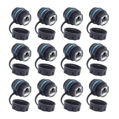 Image of YIOVVOM RJ45 CAT6 Panel Mounting Shielded Waterproof Connector Cat5/5e/6 Female to 8P8C Ethernet LAN Cable Coupler Double Head Adapter with Waterproof/Dust Cap 12PCS