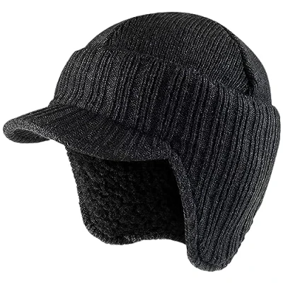 Image of HiFEN® Mens Black Knitted Peaked Winter Hat Beanie with Fleece Lining Soft Comfortable Warm Fit Cap One Size