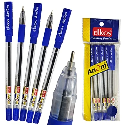 Image of ELKOS BLUE Ballpoint Pens, 0.7mm Fine Point, Pack of 5, Anom Ball Smooth Biros, Soft Grip, School Office Home Use, ZOFAX Black Pen