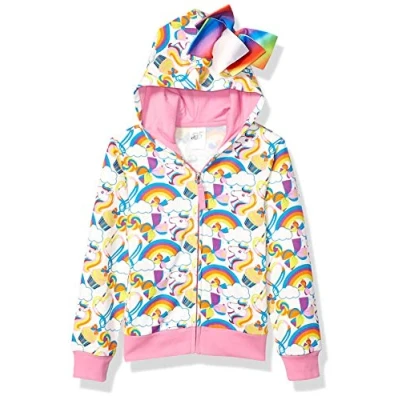 Image of JoJo Siwa Girls&#039; Little Unicorns &amp; Rainbows All Over Print Zip Up Hoodie with Bow, White/Pink, S 4