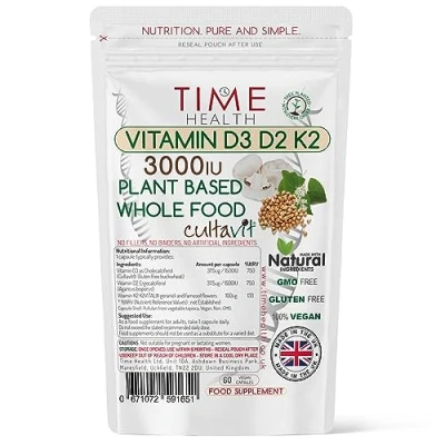Image of Vitamin D3, D2, K2, Natural Wholefood Plant Based 3000IU Zero Additives Pullulan (60 Capsule Pouch)