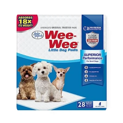 Image of Four Paws Wee Superior Performance Pee Pads for Dogs &amp; Puppies, with 6 Layer Leak Proof Technology, House Training Large, 42cm x 60cm (16.5&quot; 23.5&quot;), (28 Count)