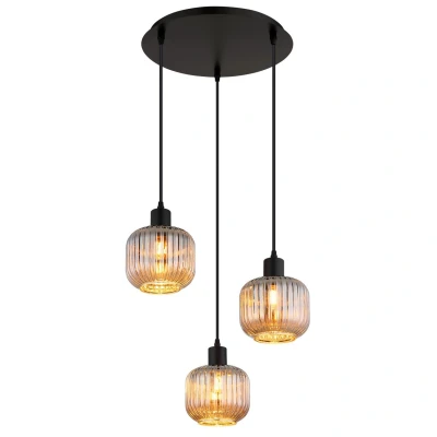 Image of Tom Cluster Pendant Ceiling Light Matt Black Smoke Glass Shade 3x E14