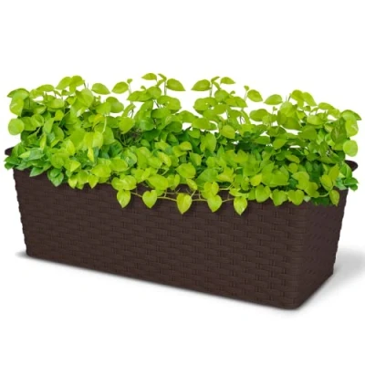 Image of ASAB Rattan Planter Pot Modern Rectangular Resistant Indoor Outdoor Durable Plastic Home Decor (Dark Brown)