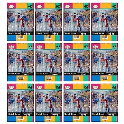 Image of Pack of 12 A2 Spiral Sketch Pad 130 GSM Paper Sketchbook, Hardback (420 x 594 mm) 15 Sheets White Cartridge Ideal for Pen Pencils Pastels Charcoal Inks