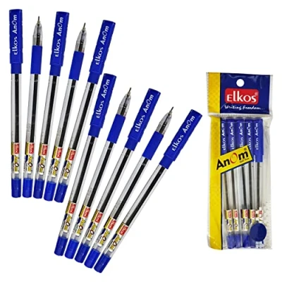 Image of ELKOS Anom Ballpoint Pens, BLUE, 0.7mm Fine Point, Pack of 10, Smooth Biros Ball Soft Grip, School Office Home Use, ZOFAX Black Pen