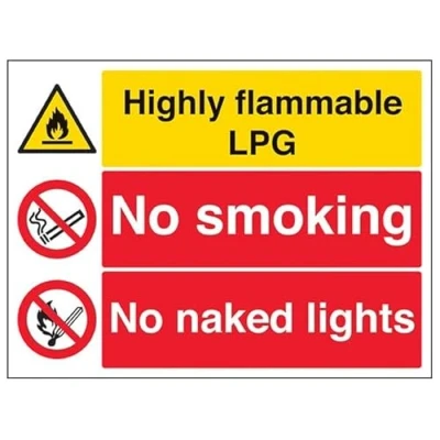 Image of V Safety Warning Fire and Flammable Lpg/No Smoking/No Naked Lights 400 X 300MM Sign With Snap Frame