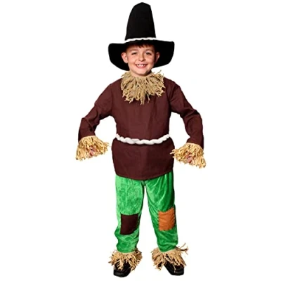 Image of Kids Scarecrow Costume Small Brown Top &amp; Green Trousers With Faux Straw World Book Day Week Fancy Dress