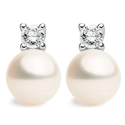 Image of Women Pearl Omega Earrings, Fresh Water Cultured Pearls 10 11 mm with Cubic Zirconia Stone by Secret &amp; You Sterling Silver 925.