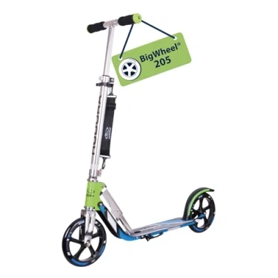 Image of HUDORA BigWheel 205 Scooter Stable Aluminum Adjustable &amp; Foldable City with Stand Sporty for Kids Adults up to 100kg, green/blue