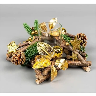 Image of 22cm Star Tealight Votive Candle Holder Wooden Twigs Base Decorated with Golden Baubles,Berries,Leaves,Stars,Foliage,Pine Cones Christmas Home Table Decoration