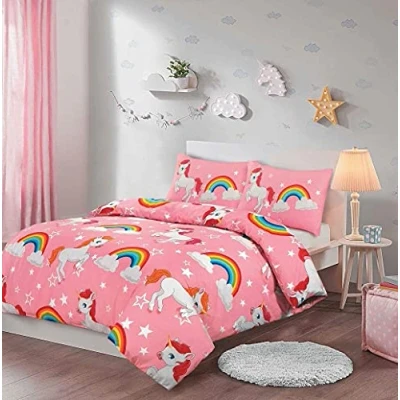 Image of Luxury Kids Children Unicorn Duvet Cover Set Easy Care Washable Bedding With Pillow Case Pink Colour (Single)