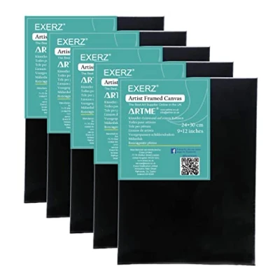 Image of Exerz 24x30cm Black Stretched Canvas 5pk Framed 1.7cm Pre Artist 280GSM 100% Cotton Triple Primed/Acid Free/Medium Grain Acrylic &amp; Oil Paint