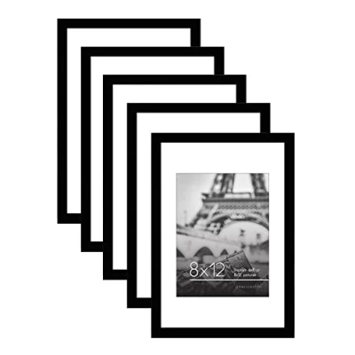 Image of Americanflat 12x8 Photo Frame in Black Set of 5 Use as 6x8 with Mount or 8x12 Without Plexiglass Cover and Hanging Hardware for Horizontal Vertical Display