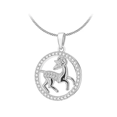 Image of Tuscany Silver Women&#039;s Sterling Rhodium Plated CZ Capricorn Horoscope Round Pendant on Curb Chain 46cm/18&quot;