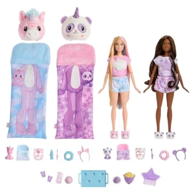 Image of Barbie Cutie Reveal Slumber Party gift set, 2 Dolls with surprises and accesories, for ages +3 year old, HRY15