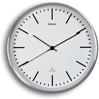 Image of Maul MAULfly Wall Clock Brushed Aluminium 305 mm Radio Synchronised Time Keeping Mechanism White