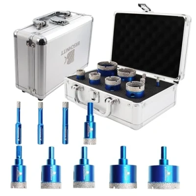 Image of Diamond Core Drill Bit Set BRSCHNITT Hole Saw Kit for Porcelain Tile Ceramic Marble Granite Drilling, 9pcs Bits with Triangle Shank（6 8 10 20 25 32 35 43 50mm）.