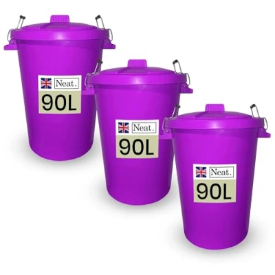 Image of Neat. 90L Bin Coloured Large Plastic Bins, Heavy Duty Kitchen with Metal Handle Dustbin Lid For Easy Refusal Garden Indoor Outdoor Rubbish Waste or Storage of Animal Feed, Purple 3Pack