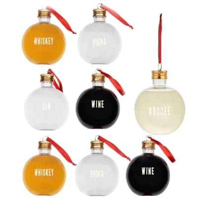 Image of THE TWIDDLERS 8 Christmas DIY Fillable Booze Baubles, Large Cocktail Ornaments with Stickers Personalised Gin Baubles Clear Xmas Tree Gift Decorations 250ml