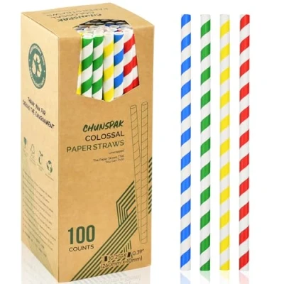 Image of 26 cm Extra Long 10 mm Wide Large Disposable Paper Drinking Straws for Thick Smoothies, Milkshakes Colourful Stripes, Pack of 100, 100% Biodegradable