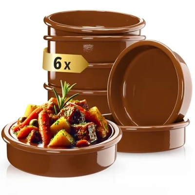 Image of Set of 6 Tapas Bowls, Cazuela Casserole Dishes (Diameter 11.5 cm) Made Clay, Brown Glazed, Rustic Serving Bowls (175 ml)