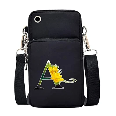 Image of FINDING CASE initial letter Printed Women Girls men Zipper Waterproof Nylon 3 Layers Crossbody Bags Wallet Cellphone Purse Shoulder Bag Wristlet Handbags Adjustable Strap (Flower color A)