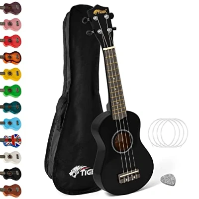 Image of Soprano Ukulele Ukelele for Kids includes Gig Bag, Felt Pick, Spare Strings Black TIGER UKE7 BK
