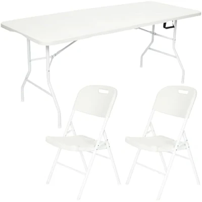Image of Nyxi 3 Piece Folding Set 6ft White Table with 2 Premium Chairs Waterproof, Heavy Duty &amp; Portable Ideal for Garden Parties, Catering, Camping, Exhibitions Indoor/Outdoor Events