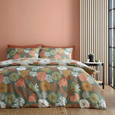 Image of Fusion Green &amp; Natural Flower Art Abstract Duvet Cover Double Bedding Size (200 x 200cm) Reversible Design (2 Colours) Easy Care Washable Brush Paint in
