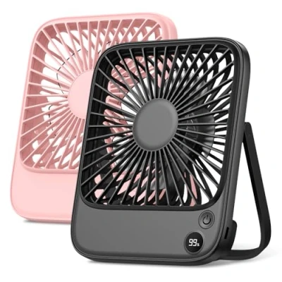 Image of TOPK 2 Pack 5000mAh Portable Desk Fan Rechargeable, Ultra thin Strong Wind Digital Display 4 Speeds Adjustable Small Silent Battery Powered Personal for Bedroom,Office,Travel,Library,Outdoor