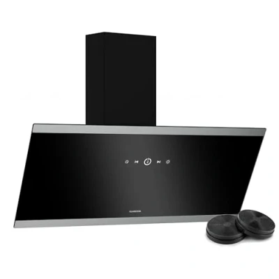 Image of Klarstein FlashLine Cooker Hood 90cm Angled Extractor Hood, Touch Screen Control, 524 m3/h Air Flow, A++ Energy Efficiency, LED Lighting, Quiet 34.5 dB, Black, Ducted &amp; Recirculating