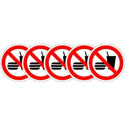 Image of ISO Safety Label Sign International No Eating and Drinking Symbol Self Adhesive Sticker 100mm Diameter (Pack of 5 Stickers)