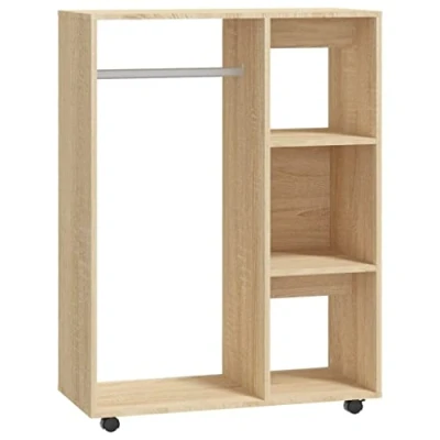 Image of vidaXL Spacious Wardrobe in Sonoma Oak Finish Engineered Wood, with Mobile Wheels and Open Compartment 3 Tier Side Shelf 80x40x110 cm Ideal for Bedroom &amp; Guest Room Storage