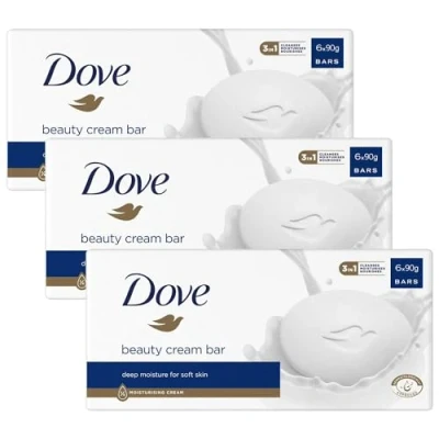 Image of Dove Orginal Beauty Cream Bar 3 in 1 Cleanses, Moisturises and Nourishes Sulphate Free Bath Soap for Soft Smooth Skin, Suitable Daily Use 6x90g, Pack