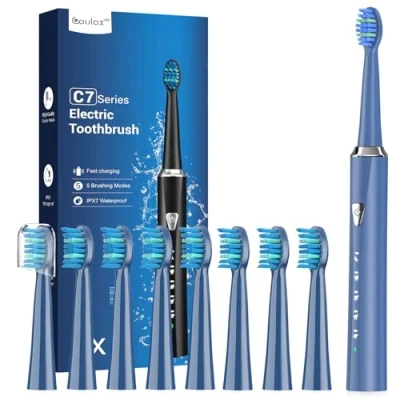 Image of Electric Toothbrush for Adults and Kids Rechargeable with 8 Duponts Heads, 5 Modes 2 Minutes Timer, 3 Hours Fast Charge 120 Days