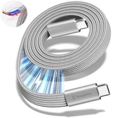 Image of Magtame USB C Cable, Flat 240W Magnetic to 1.5M 5A Nylon Braided Fast Charging Type Cable for iPhone 15/15 Pro/18 Pro Max Samsung Mac_Book, Original Design Patent Product