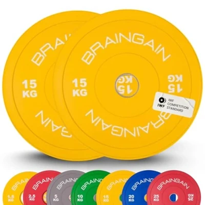Image of BRAINGAIN Olympic COLOURED Bumper Plates PAIR 15kg (2x 15kg), 2&quot; Solid Rubber Weight for Barbell Strength Training and Lifting