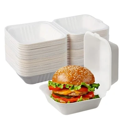 Image of CaterCo Disposable Bagasse Clamshell Food Containers 6 x inch Burger Box 100 Pack, Biodegradable Sugarcane Container, Compostable, Eco Friendly, Takeaway Boxes, Pack (6x6 Inch, 1 Compartment)