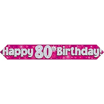 Image of 9ft Banner Happy 80th Birthday Pink Holographic