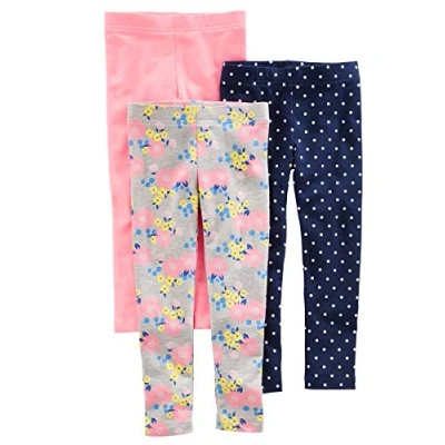 Image of Simple Joys by Carter&#039;s Girls&#039; 3 Pack Leggings, Grey Floral/Navy Dots/Pink, 4 5 Years (Pack of 3)