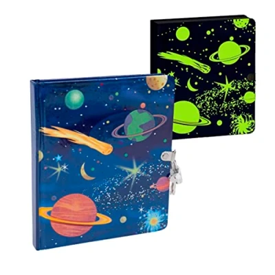 Image of Peaceable Kingdom Deep Space Glow in the Dark 6.25&quot; Lock and Key, Lined Page Diary for Kids