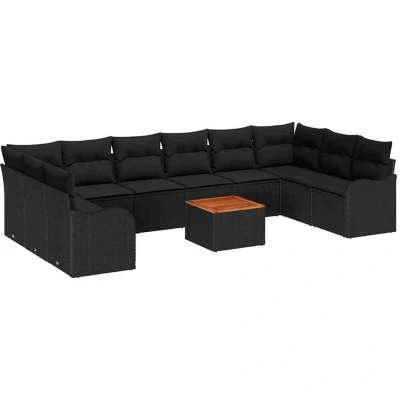 Image of vidaXL 11 Piece Garden Sofa Set with Cushions Black Poly Rattan Acacia