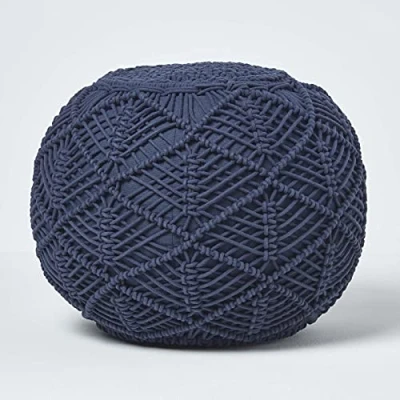 Image of HOMESCAPES 35 cm Tall Navy Blue Macrame Knitted Pouffe Been Filled Crochet Round Footstool 100% Cotton Braided Design x 40