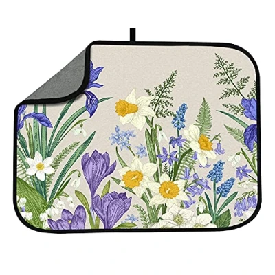 Image of JOSGACRS Blue floral Dish Drying Mat Absorbent Reversible Kitchen Countertop Heat Resistant Pad Drainer Mats for Counter 18x24 inch