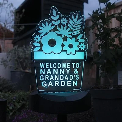 Image of Personalised Outdoor Sign. Plant Pot Solar Light. Garden Colour Changing Light
