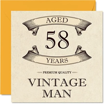Image of Vintage 58th Birthday Cards for Men Aged 58 Years Fun Card Colleague Dad Husband Boyfriend Uncle Brother Friend, 145mm x Greeting Cards,