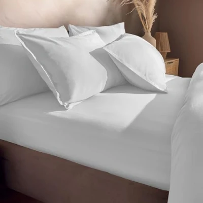 Image of Silentnight Washed Cotton Rich Fitted Sheet Soft Stylish Linen Look Comfortable Bottom Deep Fit with Elasticated Corners Breathable Fabric Machine Washable, Single Bed Mattress, White